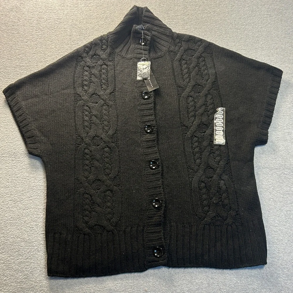 Lauren Hansen Button Cardigan Womens XL Black Cable Knit Short Sleeve Wool Blend